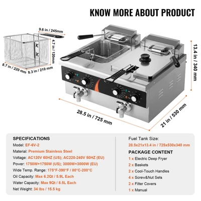 VEVOR Commercial Deep Fryer, Dual Tank 3500W Electric Countertop Fryer, 2 X 9Qt / 8.5L Double Oil Fryer With 2 Baskets, 1mm Thickened Stainless Steel 9 VEVOR Commercial Deep Fryer, Dual Tank 3500W Electric Countertop Fryer, 2 X 9Qt / 8.5L Double Oil Fryer With 2 Baskets, 1mm Thickened Stainless Steel - Image 7