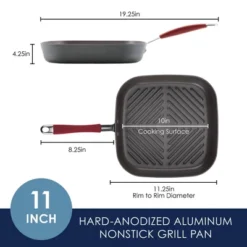 Rachael Ray 11" Hard-Anodized Nonstick Deep Square Grill Pan - Gray With Cranberry Red Handle: Griddle Pan, Rust-Resistant