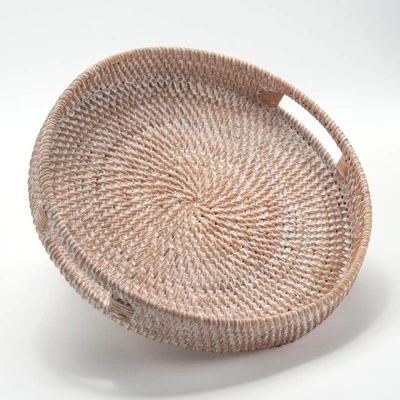 BRINJOY 11.8" Round White Woven Tray - Handmade Rattan Coffee Table Decor With Handles 7 BRINJOY 11.8" Round White Woven Tray - Handmade Rattan Coffee Table Decor With Handles - Image 5