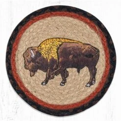 Earth Rugs Buffalo Printed Round Trivet – 10"x10" Braided Jute Hot Pad With Rustic Wildlife Design
