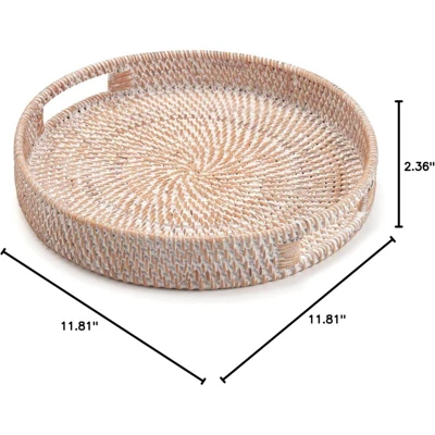 BRINJOY 11.8" Round White Woven Tray - Handmade Rattan Coffee Table Decor With Handles 6 BRINJOY 11.8" Round White Woven Tray - Handmade Rattan Coffee Table Decor With Handles - Image 4