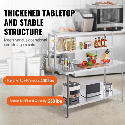 VEVOR Double Overshelf, Double Tier Stainless Steel Overshelf, 12 X 60 Inch Double Deck Overshelf, Height Adjustable Overshelf Prep Work Table 5 VEVOR Double Overshelf, Double Tier Stainless Steel Overshelf, 12 X 60 Inch Double Deck Overshelf, Height Adjustable Overshelf Prep Work Table - Image 3