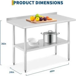 Acekool 24x48 Inch Stainless Steel Prep Table With Backsplash, Adjustable Open Shelf, Easy Clean Surface, Heavy Duty Kitchen Workstation