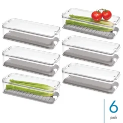 IDesign Set Of 6 Fridge Produce Bins With Drainage Tray - Clear/Gray