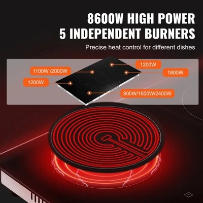 VEVOR Electric Cooktop, 36 Inch 5 Burners Built-in Electric Stove Top, 8600W Ceramic Top Radiant Cooktop With Glass Panel, Touch Control, Timer 4 VEVOR Electric Cooktop, 36 Inch 5 Burners Built-in Electric Stove Top, 8600W Ceramic Top Radiant Cooktop With Glass Panel, Touch Control, Timer - Image 2