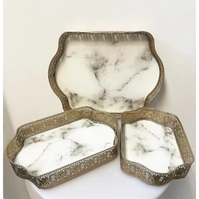 Essential Decor & Beyond 3-Piece Metal Tray With Marble Indoor Decor 3 Essential Decor & Beyond 3-Piece Metal Tray With Marble Indoor Decor