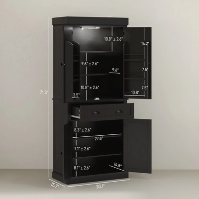 Yukimo 71" Tall Kitchen Pantry Cabinet, LED Light With Sensor, Drawer & Adjustable Shelves, Black 4 Yukimo 71" Tall Kitchen Pantry Cabinet, LED Light With Sensor, Drawer & Adjustable Shelves, Black - Image 2