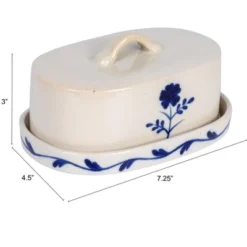 Storied Home Hand-Painted Stoneware Butter Dish With Flower, Blue And White