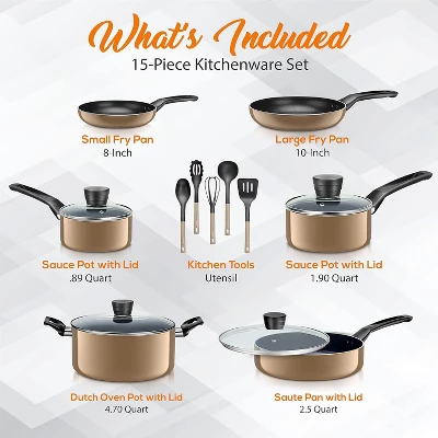 SereneLife 15 Piece Kitchenware Pots & Pans Set – Basic Kitchen Cookware, Black Non-Stick Coating Inside, Heat Resistant Lacquer (Gold) 4 SereneLife 15 Piece Kitchenware Pots & Pans Set – Basic Kitchen Cookware, Black Non-Stick Coating Inside, Heat Resistant Lacquer (Gold) - Image 2