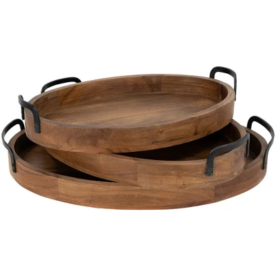 Northlight Acacia Wood Trays With Metal Handles - Set Of 3 - 21.75" 5 Northlight Acacia Wood Trays With Metal Handles - Set Of 3 - 21.75" - Image 3