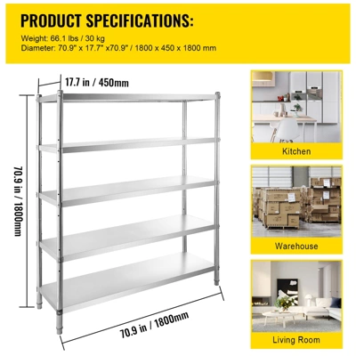VEVOR Storage Shelf, 5-Tier Storage Shelving Unit, Stainless Steel Garage Shelf, 70.9 X 17.7 X 70.9 Inch Heavy Duty Storage Shelving, Silver 9 VEVOR Storage Shelf, 5-Tier Storage Shelving Unit, Stainless Steel Garage Shelf, 70.9 X 17.7 X 70.9 Inch Heavy Duty Storage Shelving, Silver - Image 7