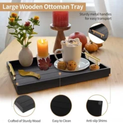 Attop Coffee Table Tray Set - Large Ottoman Tray With Handles Wood Serving Tray (2 Sets) With 4 Round Coasters Black