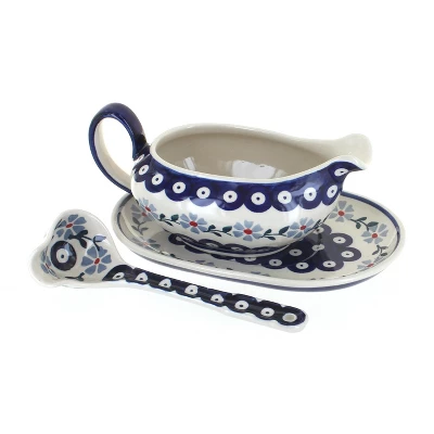 Blue Rose Polish Pottery S119 Manufaktura Gravy Boat Plate & Ladle 6 Blue Rose Polish Pottery S119 Manufaktura Gravy Boat Plate & Ladle - Image 4