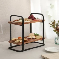 Gibson Home Gracious Dining 2-Tier Wooden Serving Tray With Metal Frame – Acacia Wood Rectangle Charcuterie Board