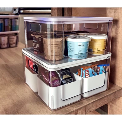 IDesign Stackable Open-Front Bins With Lid, Set Of 3, Clear/White 4 IDesign Stackable Open-Front Bins With Lid, Set Of 3, Clear/White - Image 2