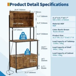 Acekool 5-Tier Bakers Rack With Power Outlet, 67.7" Microwave Stand With Shelves & Cabinets, Kitchen Storage, Brown