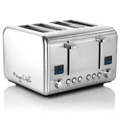 MegaChef 4 Slice Toaster In Stainless Steel Silver: Defrost, Reheat, Bagel, Adjustable Thermostat, Crumb Tray, 1800W