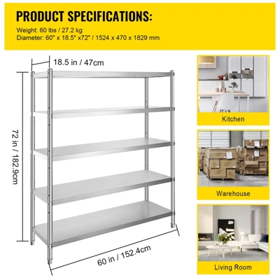VEVOR Stainless Steel Shelving 60x18.5 Inch 5 Tier Adjustable Shelf Storage Unit Stainless Steel Heavy Duty Shelving, Silver 9 VEVOR Stainless Steel Shelving 60x18.5 Inch 5 Tier Adjustable Shelf Storage Unit Stainless Steel Heavy Duty Shelving, Silver - Image 7