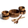 Kalmar Home Solid Acacia Woodenware 7 Piece - Large Salad Bowl With Servers And 4 Individuals