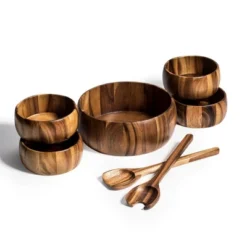 Kalmar Home Solid Acacia Woodenware 7 Piece - Large Salad Bowl With Servers And 4 Individuals