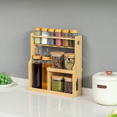 Basicwise 3-Tier Bamboo Rack With 6 Spice Shaker Bottles, 4 Airtight Jars & 2 Soy Sauce Or Oil Dispenser. Bottle Perfect For Kitchen & Pantry Storage 3 Basicwise 3-Tier Bamboo Rack With 6 Spice Shaker Bottles, 4 Airtight Jars & 2 Soy Sauce Or Oil Dispenser. Bottle Perfect For Kitchen & Pantry Storage