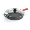 MegaChef Pre-Seasoned 6 Piece Cast Iron Skillet Set With Lids And Red Silicone Holders