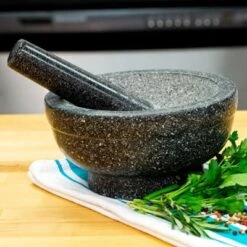 Cilio, Granite Mortar And Pestle, 6.75" Round X 2.25" Deep, Natural Green,