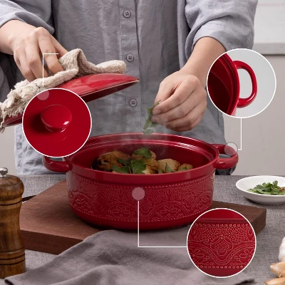Itopfox Lace Emboss Casserole Dish With Lid, 2 Quart Ceramic Round Serving Dish For Oven To Table, Dinner And Party, Christmas Gifts In Classic Red 4 Itopfox Lace Emboss Casserole Dish With Lid, 2 Quart Ceramic Round Serving Dish For Oven To Table, Dinner And Party, Christmas Gifts In Classic Red - Image 2