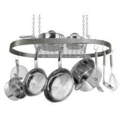 Range Kleen Hammered Gray Enameled Oval Hanging Pot Rack: Steel Ceiling Mount Pot Organizer, 32.5" X 17.38"