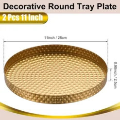 Attop 2-Pack Hammered Gold Round Trays 11 Inch Decorative Serving Trays For Wedding Bar Vanity Jewelry Key Bowls Bathroom Candle Perfume Counter