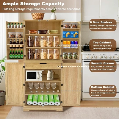 Acekool 72" Kitchen Pantry Cabinet With 4 Doors, 6 Adjustable Shelves & Slide-Out Drawer – Tall Farmhouse Storage Cabinet For Kitchen Room, White 6 Acekool 72" Kitchen Pantry Cabinet With 4 Doors, 6 Adjustable Shelves & Slide-Out Drawer – Tall Farmhouse Storage Cabinet For Kitchen Room, White - Image 4