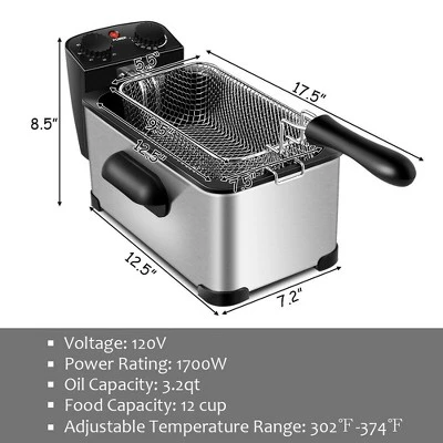 Costway Electric Deep Fryer 3.2 QT/12-Cup Stainless Steel 1700W With Frying Basket 4 Costway Electric Deep Fryer 3.2 QT/12-Cup Stainless Steel 1700W With Frying Basket - Image 2
