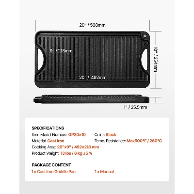 VEVOR Reversible Grill/Griddle, 20x10 Inch Pre-Seasoned Cast Iron Griddle, Portable Rectangular Pan With Handle, Family Cookware, Black 9 VEVOR Reversible Grill/Griddle, 20x10 Inch Pre-Seasoned Cast Iron Griddle, Portable Rectangular Pan With Handle, Family Cookware, Black - Image 7