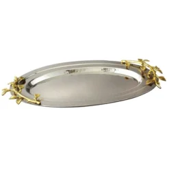 Jiallo Gilt Leaf Oval Hammered Stainless Steel Tray 16-1/2" X 10"