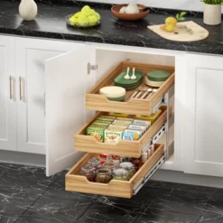 LOVMOR 3 Tier Pull Out Cabinet Organizer, Heavy-Duty Pull Out Drawer, Slide Out Wood Shelf For Cabinets
