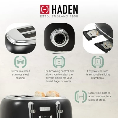 Haden Heritage 4 Slice Wide Slot Stainless Steel Toaster Bundled With 1.7 Liter Stainless Steel Electric Water Kettle, Black & Chrome 6 Haden Heritage 4 Slice Wide Slot Stainless Steel Toaster Bundled With 1.7 Liter Stainless Steel Electric Water Kettle, Black & Chrome - Image 4