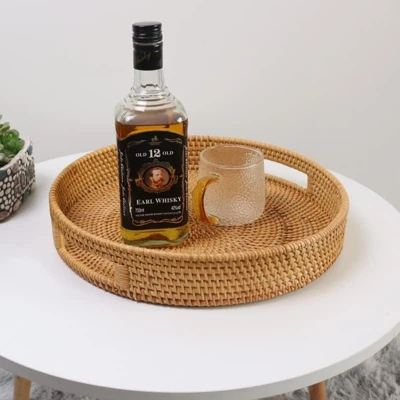 BRINJOY 11.8" Round Woven Tray With Handles - Natural Rattan Coffee Table Decor, Serving Tray For Kitchen & Home 4 BRINJOY 11.8" Round Woven Tray With Handles - Natural Rattan Coffee Table Decor, Serving Tray For Kitchen & Home - Image 2