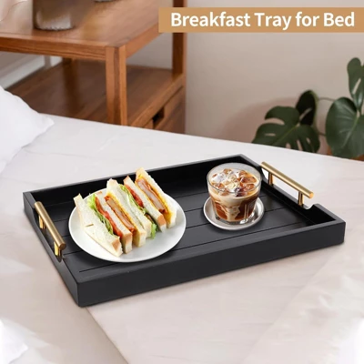 Attop Coffee Table Tray Set - Large Ottoman Tray With Handles Wood Serving Tray (2 Sets) With 4 Round Coasters Black 5 Attop Coffee Table Tray Set - Large Ottoman Tray With Handles Wood Serving Tray (2 Sets) With 4 Round Coasters Black - Image 3