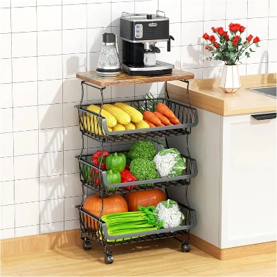 4 Tier Fruit Storage Basket,Kitchen Storage Rack With Rollers For Pantry 3 4 Tier Fruit Storage Basket,Kitchen Storage Rack With Rollers For Pantry