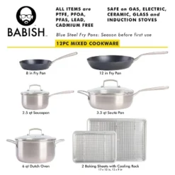 Babish 12-Piece Professional Cookware Set – Stainless, Carbon Steel & Aluminum With Baking Sheets