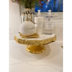 Classic Touch White Marble Cake Tray On Gold Stem