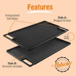 NutriChef 18'' Reversible Cast Iron Grill Pan - Flat & Grilled Cooking NCCIRG59