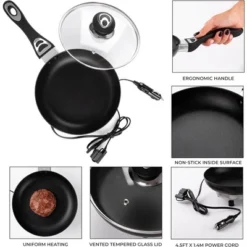 Zone Tech 12V Frying Pan Or Saucepan 2 Quart Portable Non Stick Travel Pot With Glass Vented Lid, Stay Cool Handle And Rubber Feet.