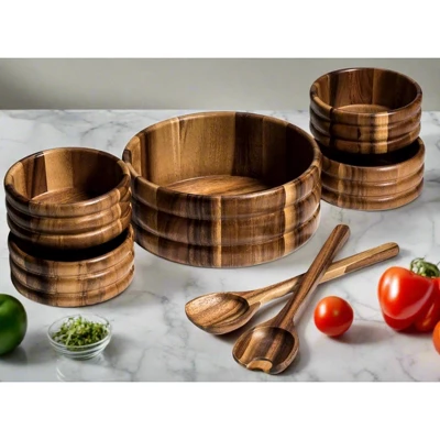 Kalmar Home Solid Acacia Wood 7 Piece - Large Salad Bowl With Servers And 4 Individuals 3 Kalmar Home Solid Acacia Wood 7 Piece - Large Salad Bowl With Servers And 4 Individuals