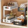 TROPOW Storage Organizer For Under Sink, 2 Level Removable Metal Cupboard Organizer Shelf, Removable Kitchen Sliding Basket For Kitchen, Bathroom