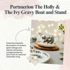 Portmeirion The Holly And The Ivy Gravy Boat & Stand - 33 Oz. Capacity, Elegant Earthenware Holiday Pitcher With Holly Décor, Dishwasher Safe