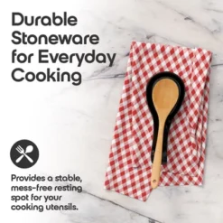 Omniware Simsbury Spoon Rest - Stoneware Kitchen Spoon Holder, Heat-Resistant With Lead-Free Glaze, 8.25” With Arched Handle, Dishwasher Safe (Black)