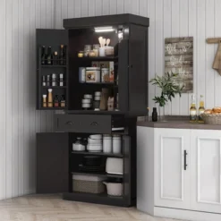 Yukimo 71" Tall Kitchen Pantry Cabinet, LED Light With Sensor, Drawer & Adjustable Shelves, Black
