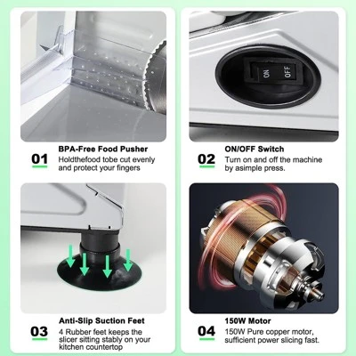 OSTBA Electric Meat Slicer, 150W, 6.7” Removable Stainless Steel Blades, Adjustable 0-15mm Thickness, Easy To Clean, For Meat, Cheese, Bread 4 OSTBA Electric Meat Slicer, 150W, 6.7” Removable Stainless Steel Blades, Adjustable 0-15mm Thickness, Easy To Clean, For Meat, Cheese, Bread - Image 2