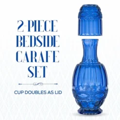 Elle Decor Bedside Water Carafe With Tumbler, 33-Ounce Pitcher And Matching Drinking Glass, Use Cup As A Lid For Carafe, Blue